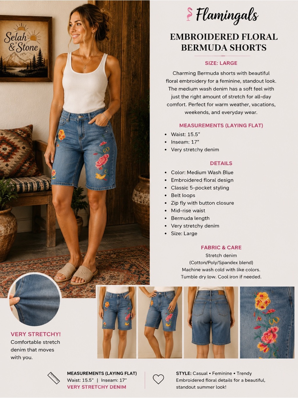 Flamingals Embroidered Floral Medium Wash Blue Bermuda Shorts